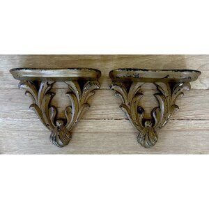 Pair of VTG Hollywood Regency Wall Shelves Plaster Chalkware Acanthus Leaf Gold